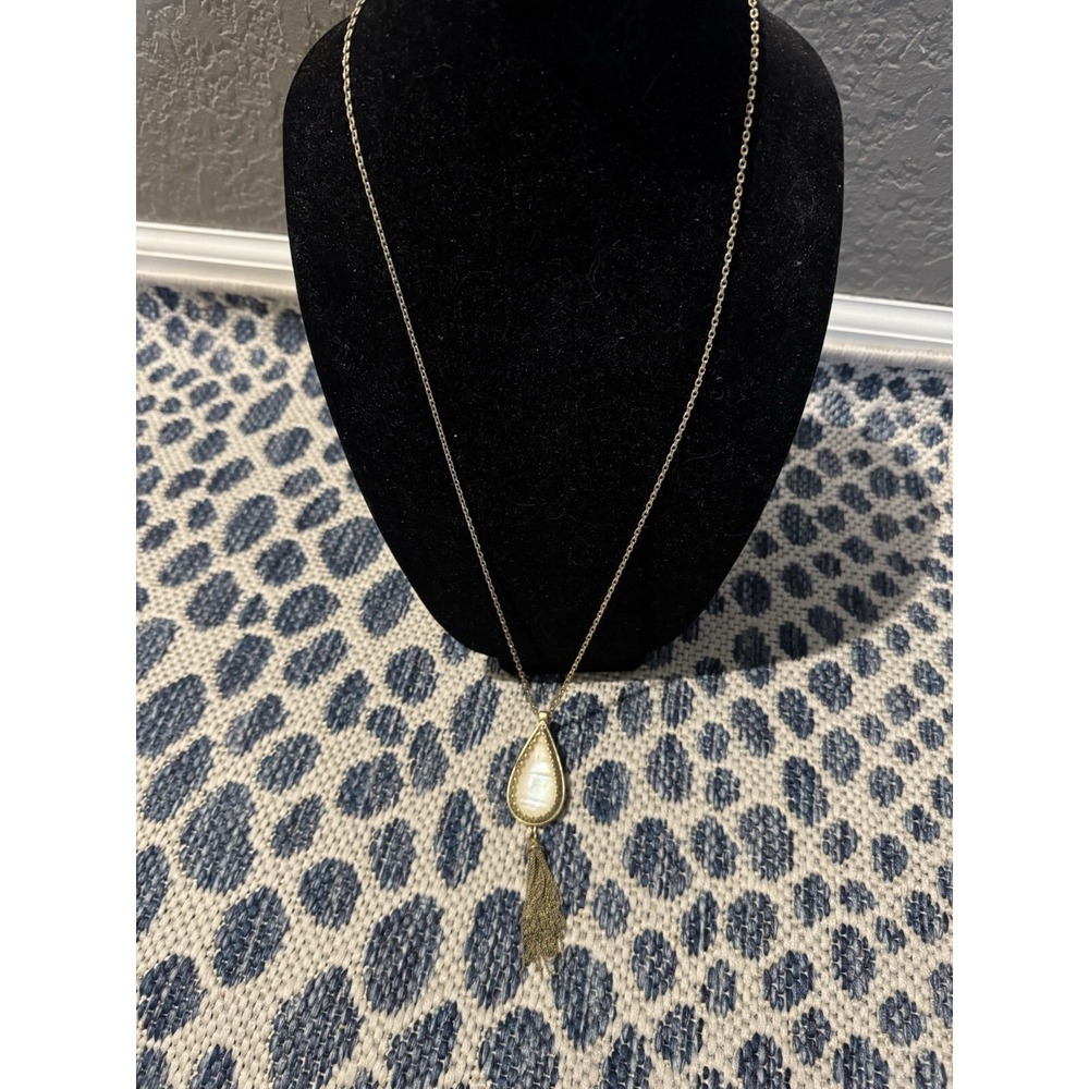 Rustic Cuff Long Necklace Gold With Iridescent White Pendant Tassel